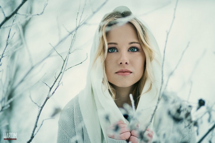 snow, women, blonde, Istvan Harom, portrait, depth of field
