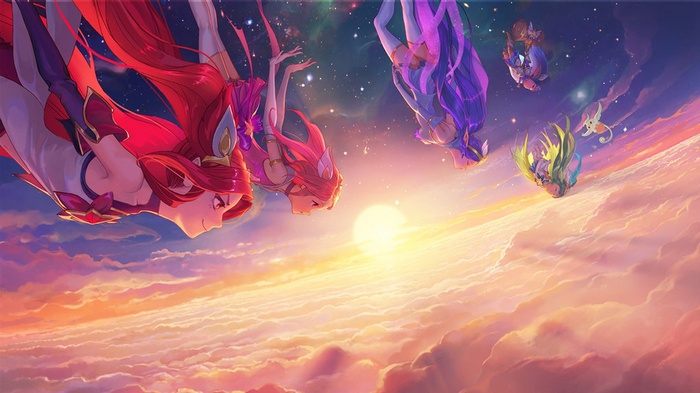 Star Guardian Lux, Janna, Lulu, and Jinx falling