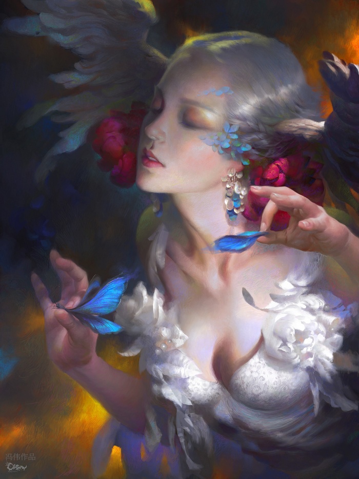 Fantasy angel with blue butterfly wings and flowers