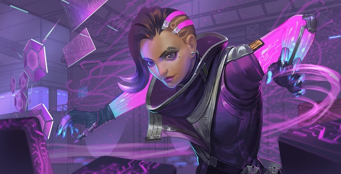 Sombra from Overwatch hacking in a digital environment