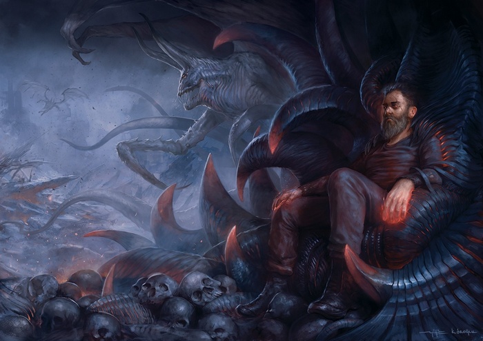 Man on a throne of bones and tentacles with a monster