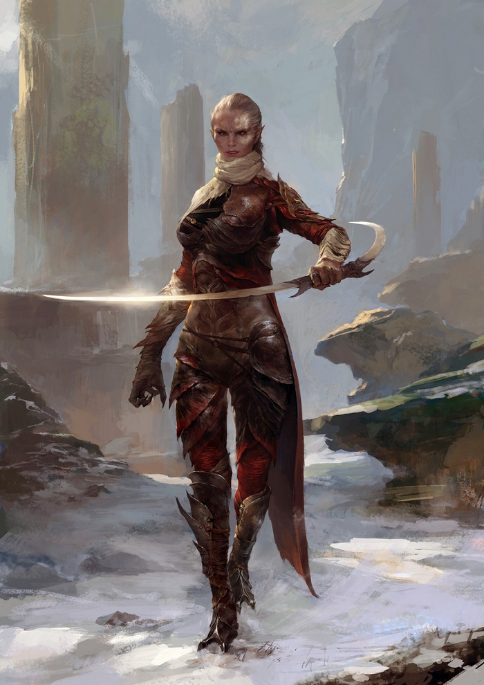 Fantasy warrior elf with sword in rocky landscape
