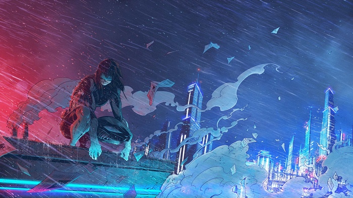A lone figure crouches on a rooftop overlooking a neon city at night.