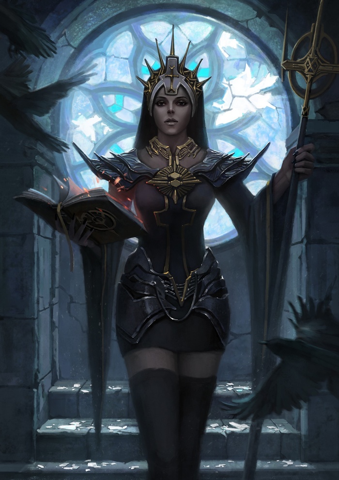 Fantasy art of a dark queen with a book and staff