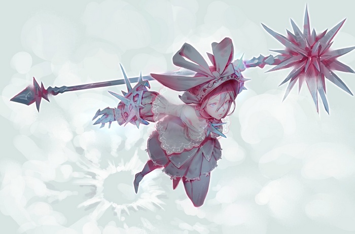 Girl with spiked mace and ribbon hat