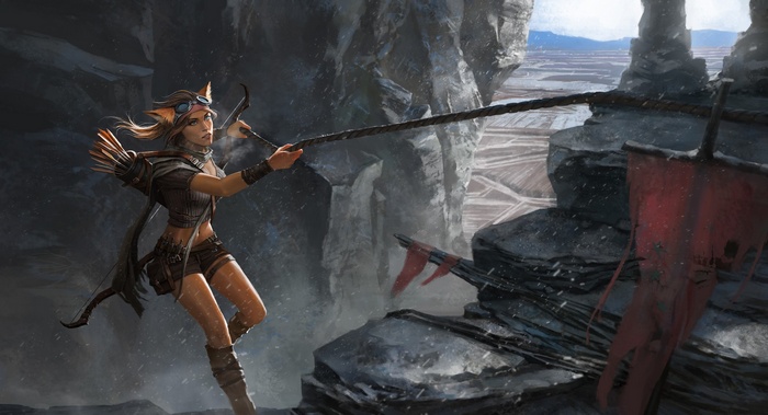 Fantasy warrior archer with cat ears pulling a rope
