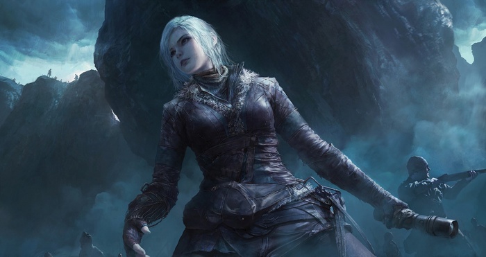 Fantasy warrior woman in a dark, stormy landscape