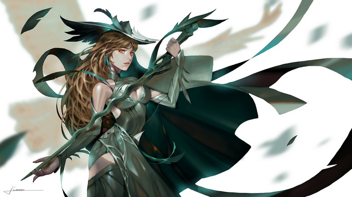 Fantasy warrior woman with staff and flowing ribbons