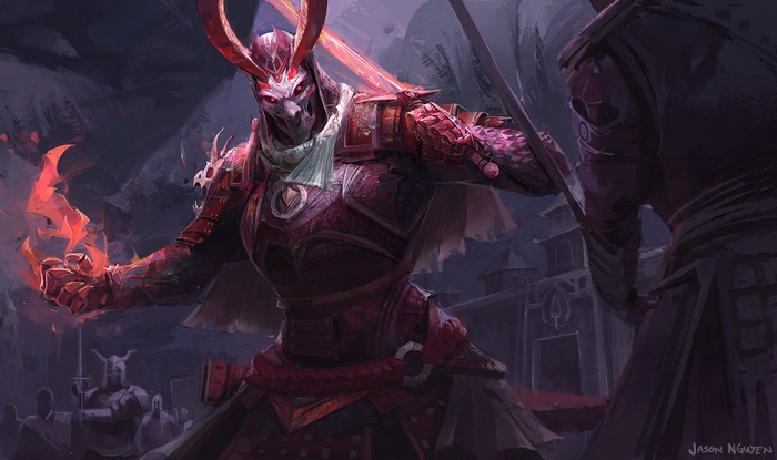 Fantasy warrior in ornate armor wielding fiery magic