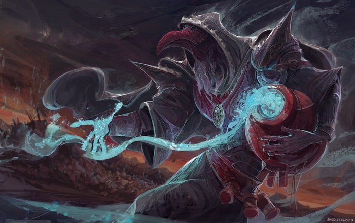 Fantasy art of a masked figure casting magic