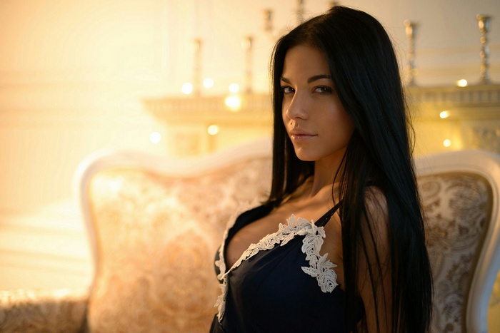 lights, looking at viewer, women, face, long hair, Marina Shimkovich, model, Anton Pechkurov