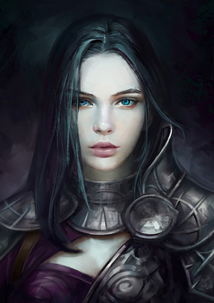 Fantasy warrior woman with blue eyes and dark hair
