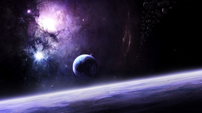Colorful galaxy with planets and asteroids