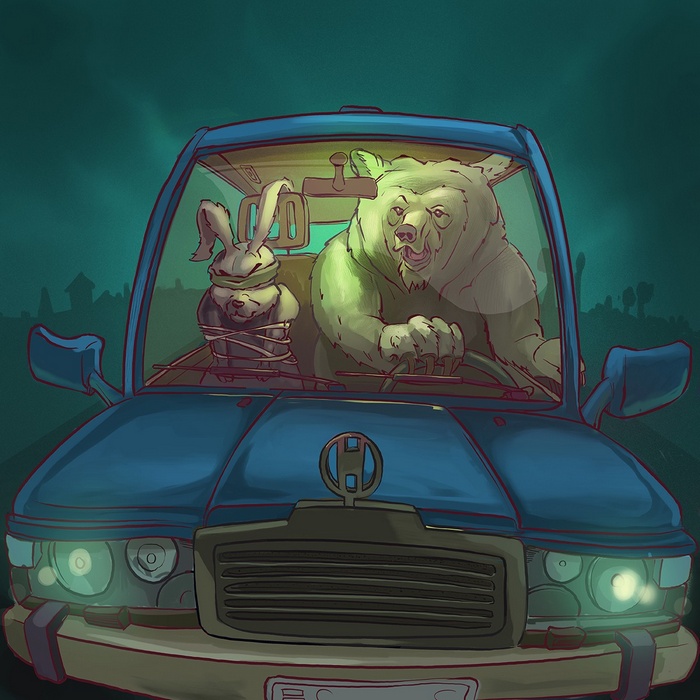Bear driving a car with a blindfolded rabbit