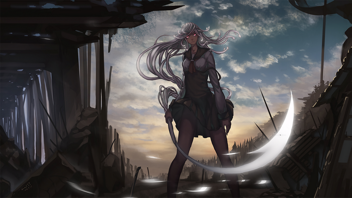 Sengoku Nadeko from Monogatari Series with a scythe