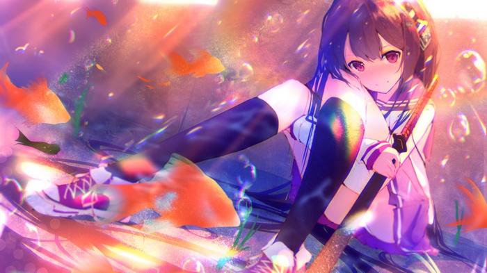 Anime girl with goldfish and bubbles