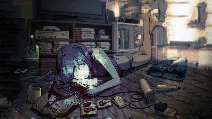 Anime girl lying on floor with snacks and electronics