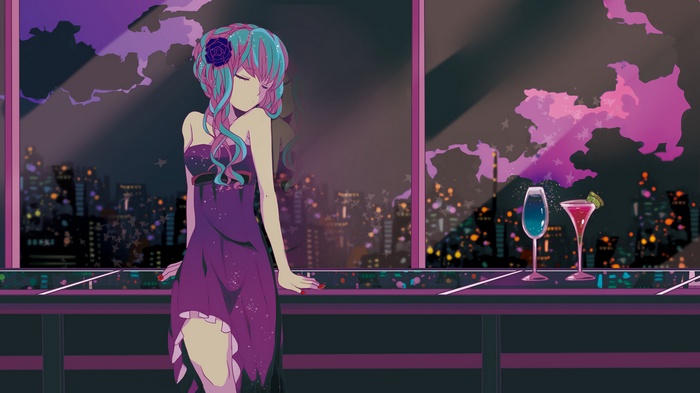 Anime girl in purple dress by window with city view