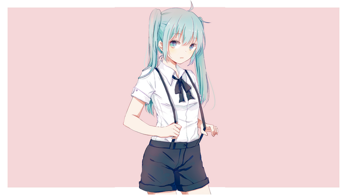 Anime girl with blue pigtails and suspenders