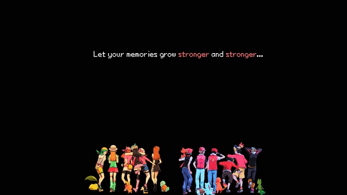 Pokemon characters with text 'Let your memories grow stronger and stronger'