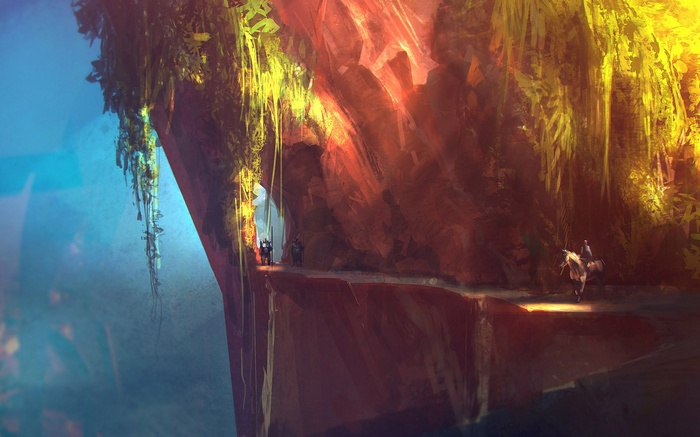 Fantasy art of a mountain pass with travelers