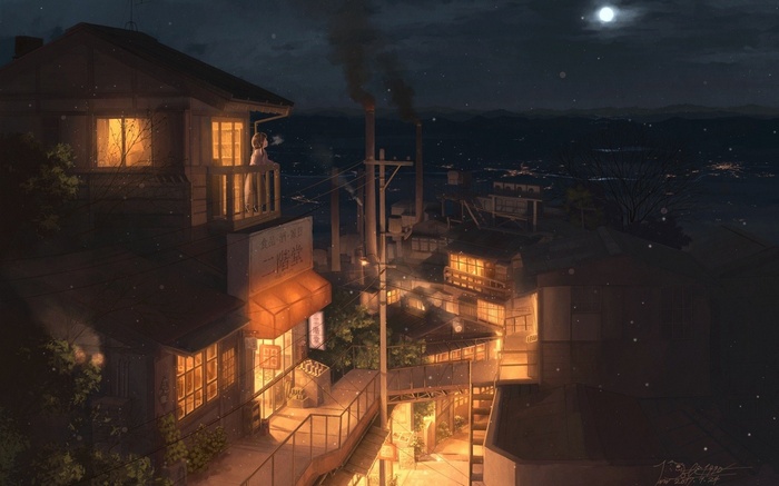 Anime girl on balcony overlooking industrial city at night
