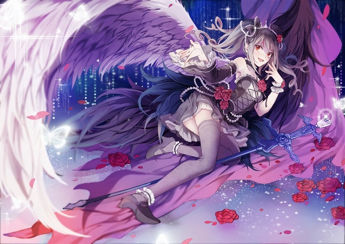 anime, twintails, dress, lolita fashion, flowers, red eyes, looking at viewer, purple dresses, open mouth, wings, smiling, long hair, high heels, thigh-highs, anime girls