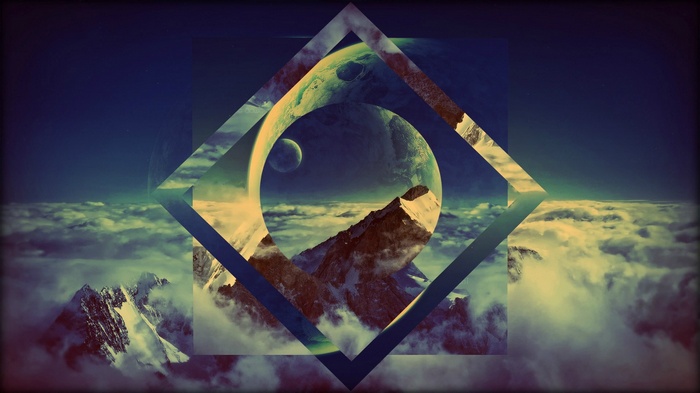 Abstract geometric overlay on mountain and cloud landscape with planets