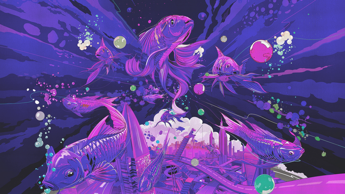 Purple fish swimming in a futuristic underwater city