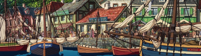 Howl's Moving Castle harbor scene with boats and buildings