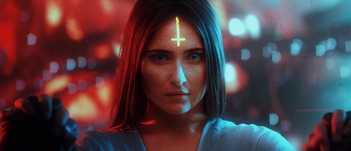 Woman with inverted cross on forehead, Carpenter Brut style