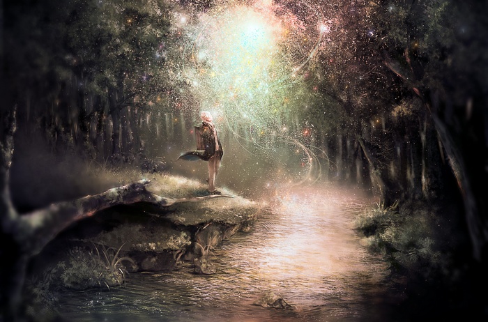 Ginko from Mushishi in a magical forest