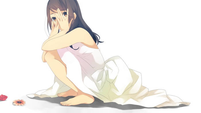 Anime girl in white dress crouching