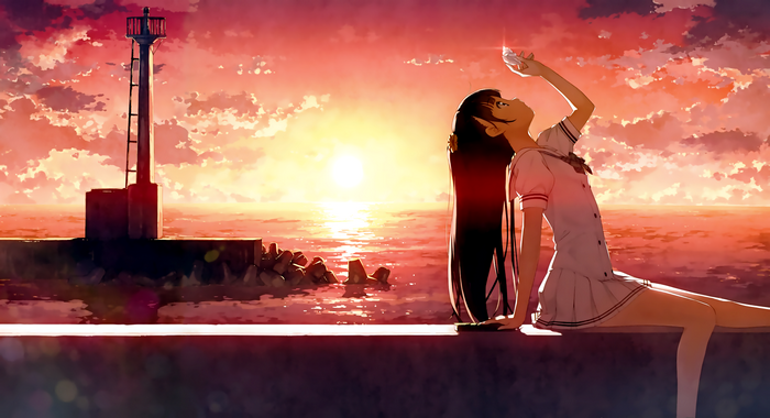 Anime girl by the lighthouse at sunset