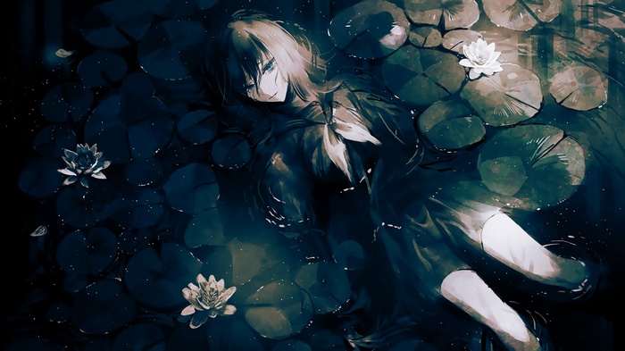 Anime girl lying in water with lily pads