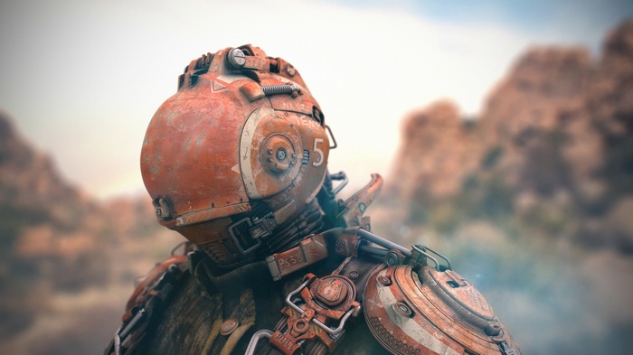 Futuristic robot in a desert landscape