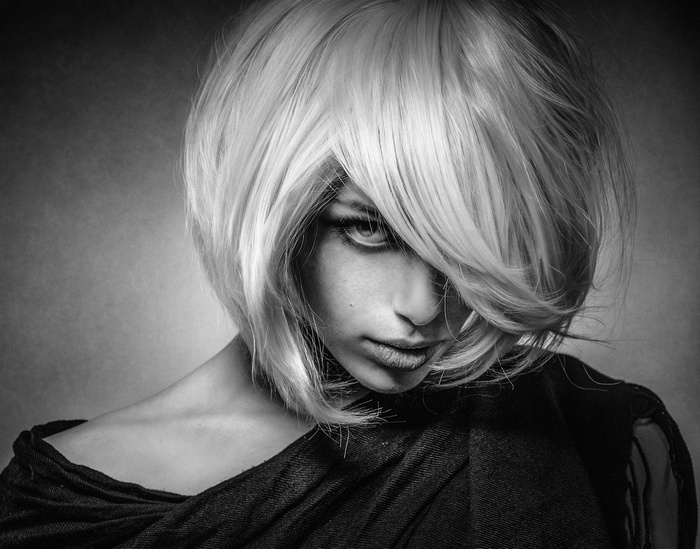 Monochrome portrait of a woman with blonde hair