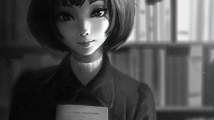 Anime girl holding a book in a library
