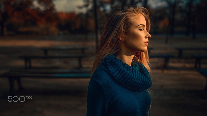 straight hair, Damian Piórko, blue sweater, long hair, sweater, depth of field, closed eyes, women outdoors, face, model, women, blonde