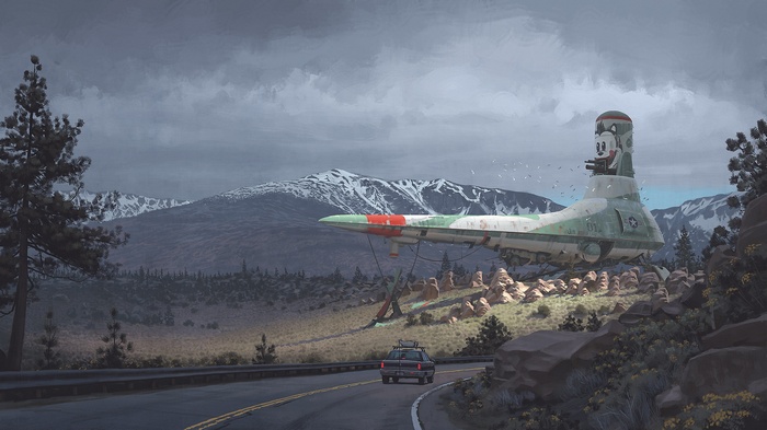 Spaceship with Mickey Mouse head in mountains