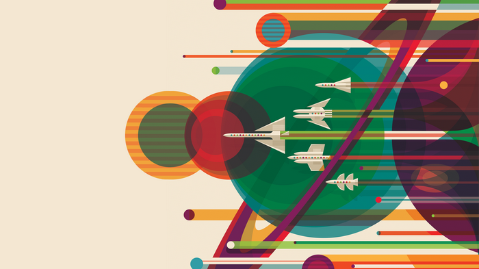 Retro spaceships flying through abstract colorful space
