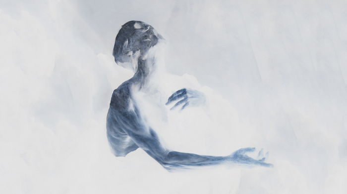 Artwork of a translucent human figure in blue and white