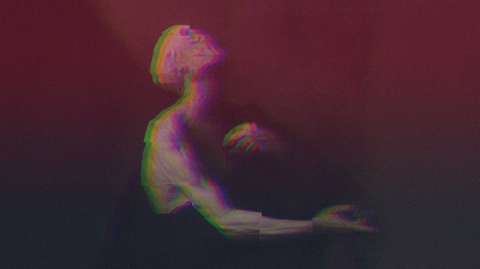 Glitch art of a person with head tilted back