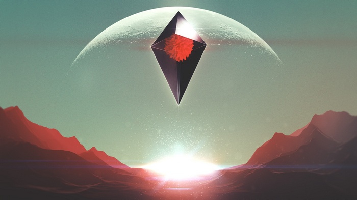 No Man's Sky artwork with geometric object and planet