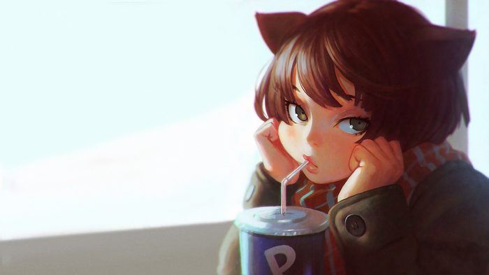 Girl with cat ears drinking from a cup