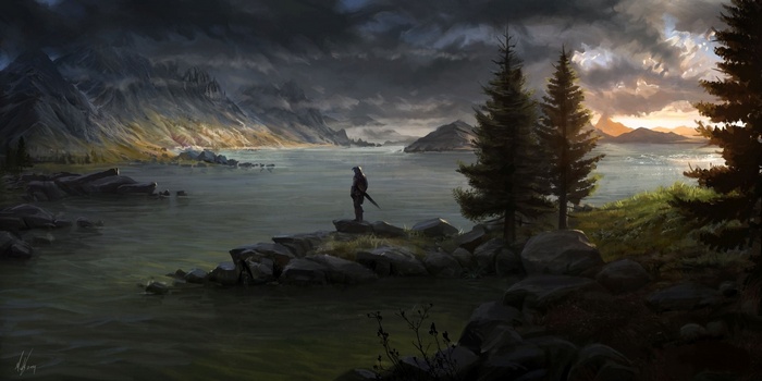 Artwork of a lone warrior overlooking a lake in Skyrim