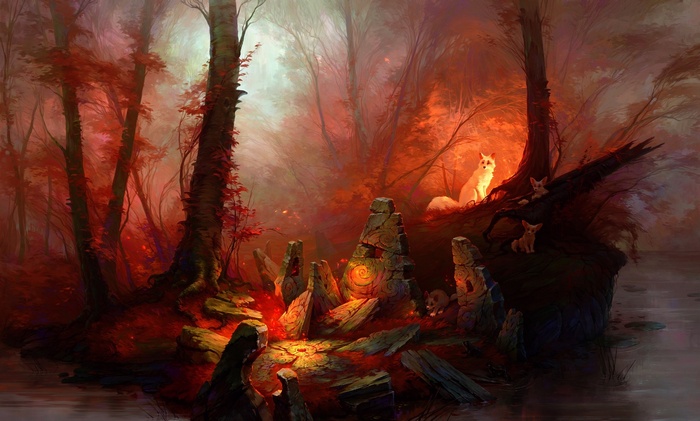 Fantasy art of foxes in a red forest with ancient stones