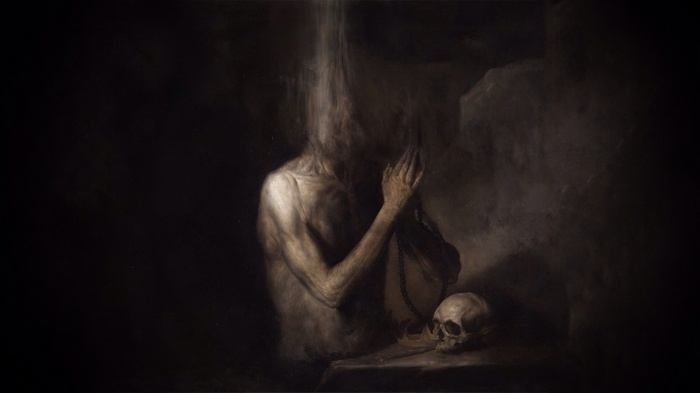 A skeletal figure in prayer with a skull