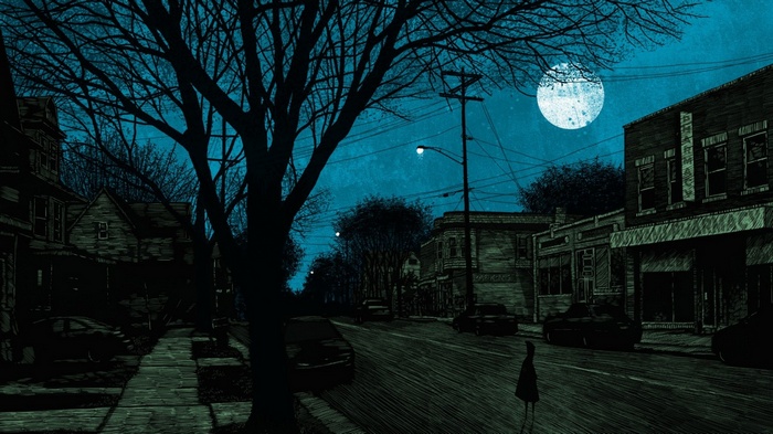 Creepy town at night with a full moon
