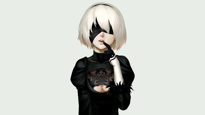 2B from Nier: Automata with white hair and gloves